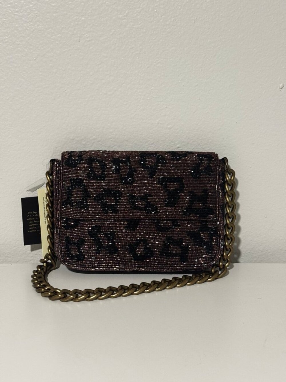 Sparkly Leopard Print Beaded Shoulder Bag with Gold Chain Handmade in India New